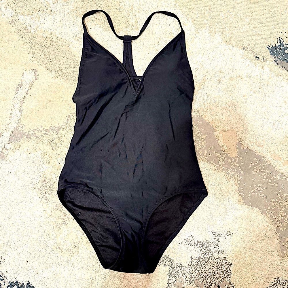 Express Swim Black Deep V T Back Side Caged One Piece Swimsuit Size Small